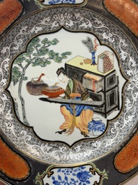 A Chinese famille rose silver and gilt-decorated plate with a lady playing guqin, Yongzheng/Qianlong