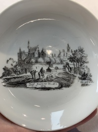 A Chinese grisaille 'Haarlem, Leersum and Liesveld' cup and saucer, Qianlong
