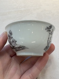 A Chinese grisaille 'Haarlem, Leersum and Liesveld' cup and saucer, Qianlong
