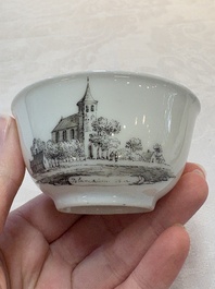A Chinese grisaille 'Castricum, Blaricum and Workum' cup and saucer, Qianlong
