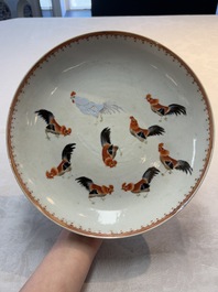 A rare Chinese polychrome enamelled 'roosters' dish, Qianlong