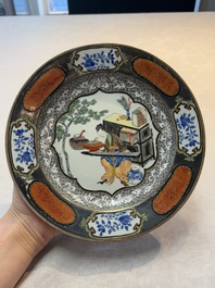 A Chinese famille rose silver and gilt-decorated plate with a lady playing guqin, Yongzheng/Qianlong