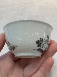 A Chinese grisaille 'Castricum, Blaricum and Workum' cup and saucer, Qianlong