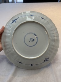 A Chinese blue and white dish with floral design, artemisia leaf mark, Kangxi