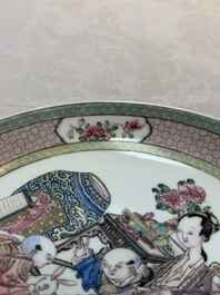 A fine Chinese famille rose ruby-back 'lady and boys' eggshell plate, Yongzheng