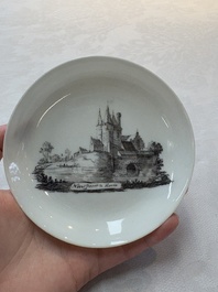 A Chinese grisaille 'Hoorn, Aspen and Valkenburg' cup and saucer, Qianlong