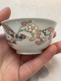 A set of six Chinese famille rose 'birds among flowering branches' cups and saucers, Yongzheng/Qianlong