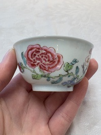 A set of six Chinese famille rose 'birds among flowering branches' cups and saucers, Yongzheng/Qianlong