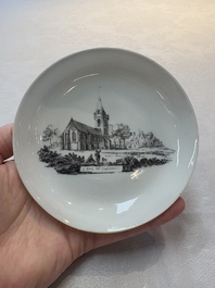 A Chinese grisaille 'Castricum, Blaricum and Workum' cup and saucer, Qianlong