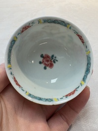 A set of six Chinese famille rose 'birds among flowering branches' cups and saucers, Yongzheng/Qianlong