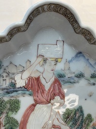 A Chinese famille rose semi-erotic 'milkmaid' pattipan or teapot stand, Qianlong, ca. 1740