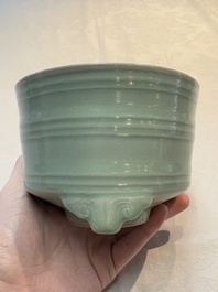 A Chinese Longquan celadon cylindrical tripod censer with trigrams design, Yuan/Ming
