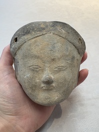 A Chinese cold painted terracotta head of a lady, Han