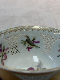 A Chinese European-decorated gilt bronze-mounted blue and white reticulated bowl, Transitional period