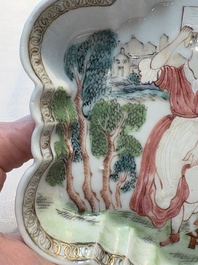 A Chinese famille rose semi-erotic 'milkmaid' pattipan or teapot stand, Qianlong, ca. 1740