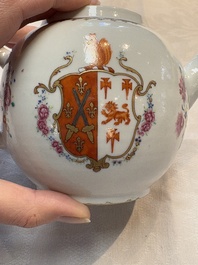 A Chinese famille rose armorial teapot with the arms of Barrow impaling Dighton for the English market, Qianlong, ca. 1755