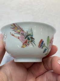 A set of six Chinese famille rose 'birds among flowering branches' cups and saucers, Yongzheng/Qianlong