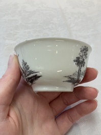 A Chinese grisaille 'Hoorn, Aspen and Valkenburg' cup and saucer, Qianlong