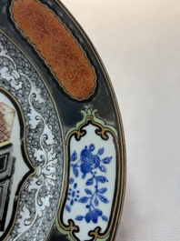 A Chinese famille rose silver and gilt-decorated plate with a lady playing guqin, Yongzheng/Qianlong