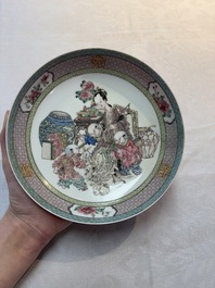 A fine Chinese famille rose ruby-back 'lady and boys' eggshell plate, Yongzheng