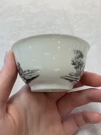 A Chinese grisaille 'Hoorn, Aspen and Valkenburg' cup and saucer, Qianlong