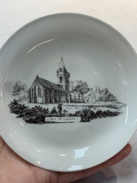 A Chinese grisaille 'Castricum, Blaricum and Workum' cup and saucer, Qianlong