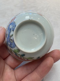 A set of six Chinese famille rose 'birds among flowering branches' cups and saucers, Yongzheng/Qianlong