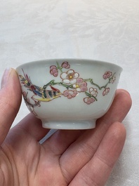 A set of six Chinese famille rose 'birds among flowering branches' cups and saucers, Yongzheng/Qianlong