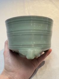 A Chinese Longquan celadon cylindrical tripod censer with trigrams design, Yuan/Ming