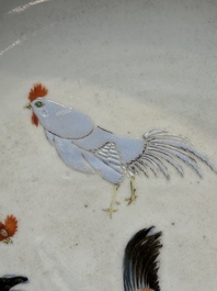 A rare Chinese polychrome enamelled 'roosters' dish, Qianlong