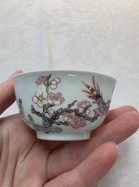 A set of six Chinese famille rose 'birds among flowering branches' cups and saucers, Yongzheng/Qianlong