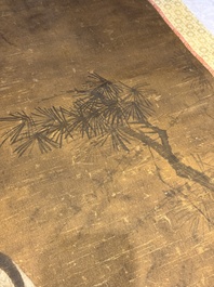Chinese school: 'Eight cranes under a pine tree', ink and colour on silk, probably Qing