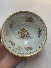 A Chinese European-decorated gilt bronze-mounted blue and white reticulated bowl, Transitional period