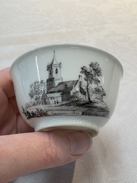 A Chinese grisaille 'Haarlem, Leersum and Liesveld' cup and saucer, Qianlong