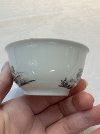 A Chinese grisaille 'Haarlem, Leersum and Liesveld' cup and saucer, Qianlong