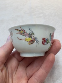 A set of six Chinese famille rose 'birds among flowering branches' cups and saucers, Yongzheng/Qianlong