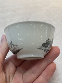 A Chinese grisaille 'Castricum, Blaricum and Workum' cup and saucer, Qianlong