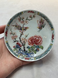 A set of six Chinese famille rose 'birds among flowering branches' cups and saucers, Yongzheng/Qianlong