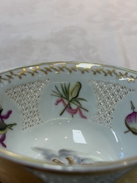 A Chinese European-decorated gilt bronze-mounted blue and white reticulated bowl, Transitional period