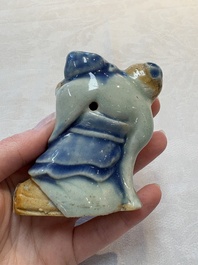 Two Chinese blue, white and celadon biscuit 'Shoulao' and 'Zhongli Quan' water droppers, Qianlong