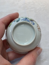 A set of six Chinese famille rose 'birds among flowering branches' cups and saucers, Yongzheng/Qianlong