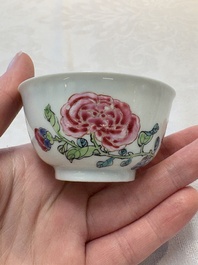 A set of six Chinese famille rose 'birds among flowering branches' cups and saucers, Yongzheng/Qianlong