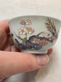 A set of six Chinese famille rose 'birds among flowering branches' cups and saucers, Yongzheng/Qianlong