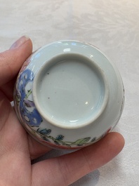 A set of six Chinese famille rose 'birds among flowering branches' cups and saucers, Yongzheng/Qianlong