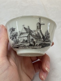 A Chinese grisaille 'Hoorn, Aspen and Valkenburg' cup and saucer, Qianlong