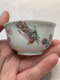 A set of six Chinese famille rose 'birds among flowering branches' cups and saucers, Yongzheng/Qianlong