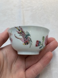 A set of six Chinese famille rose 'birds among flowering branches' cups and saucers, Yongzheng/Qianlong
