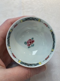 A set of six Chinese famille rose 'birds among flowering branches' cups and saucers, Yongzheng/Qianlong