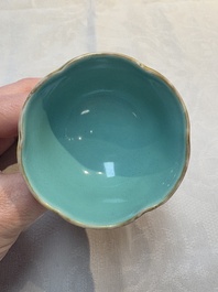 A pair of rare Chinese famille rose lotus-shaped stem cups, Yongzheng