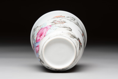 A Chinese famille rose 'erotic subject' cup and saucer, Yongzheng/Qianlong